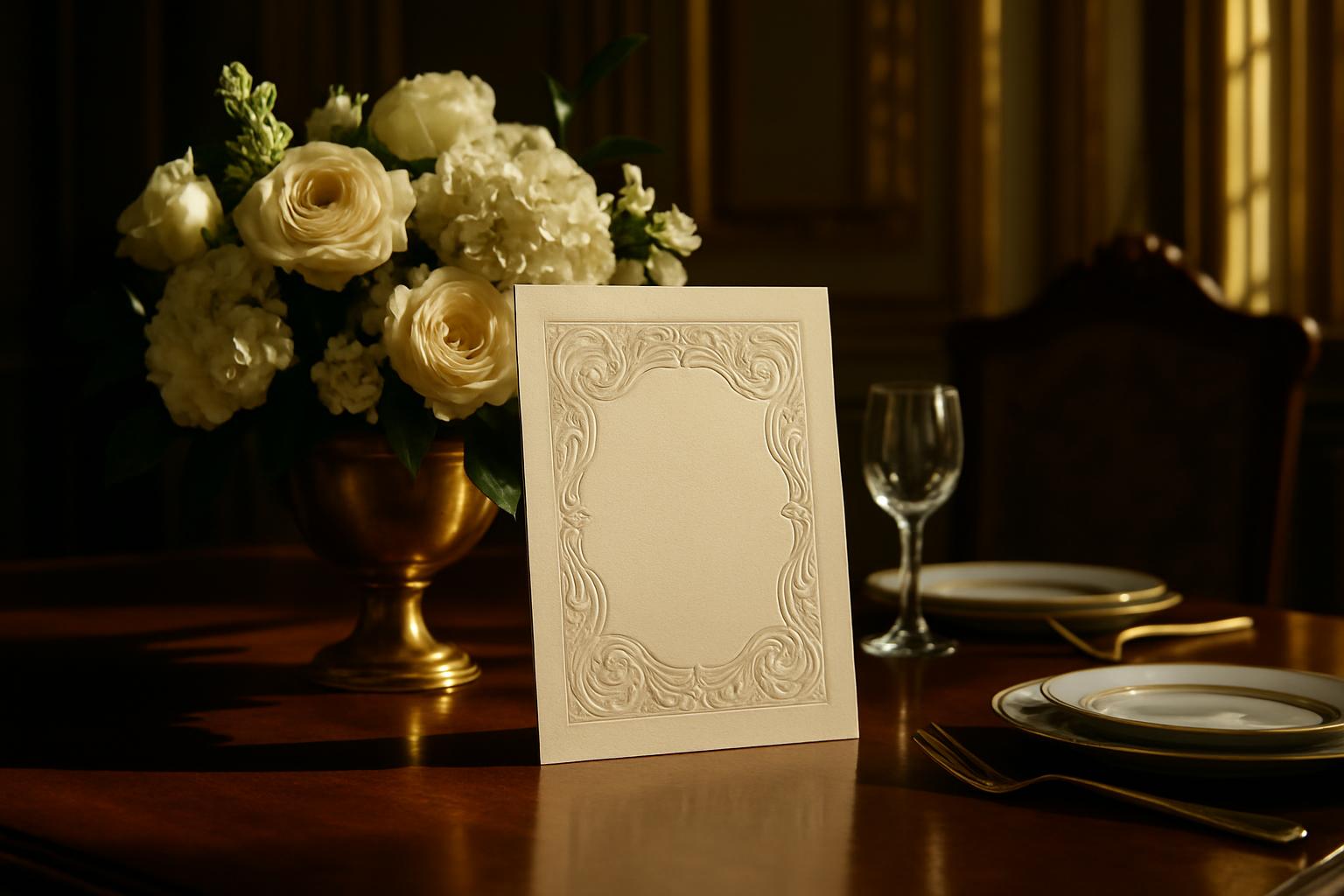 Une carte de visite, une photo d'une fleur et de la vaisselle.. Flower bouquet portrait card glass dish place setting eleg...